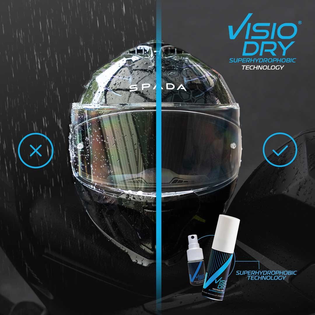 graphic of spada motorbike helmet with and without visiodry