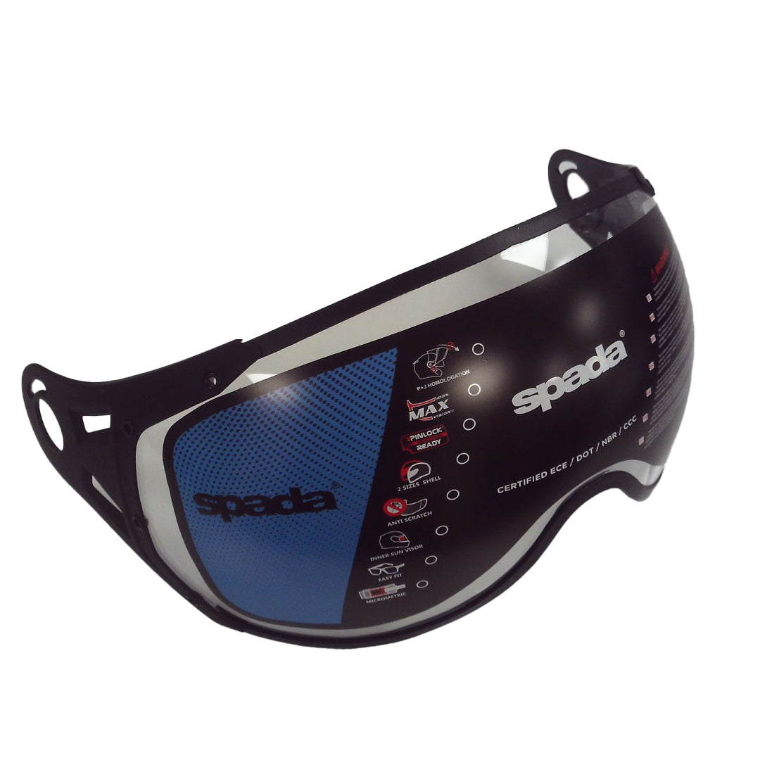 A black motorcycle goggle visor with a blue lens and the brand name 'Spada' written on it.