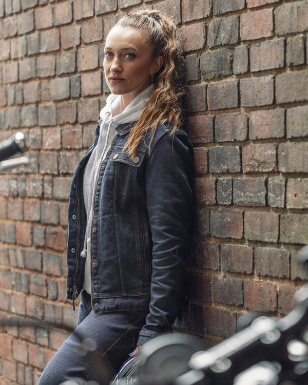 Tura Trucker Rinse Indigo Ladies Motorcycle Denim Jacket - Grace Webb Edit