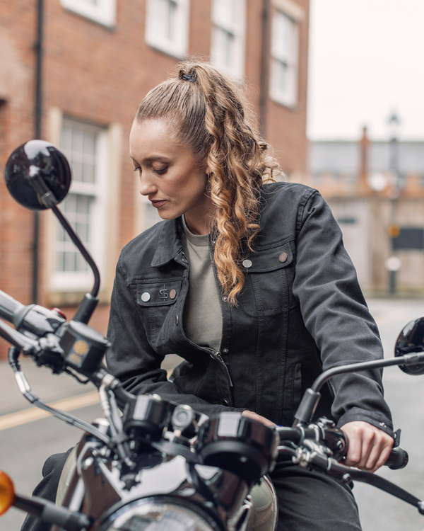 Tura Trucker Solid Black Ladies Motorcycle Denim Jacket - Grace Webb Edit