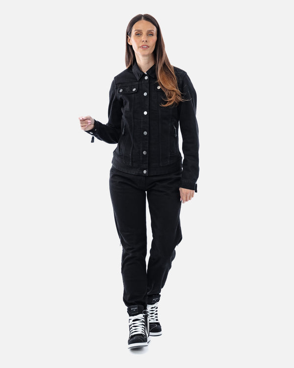 Tura Trucker Solid Black Ladies Motorcycle Denim Jacket - Grace Webb Edit