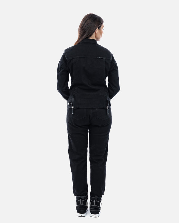 Tura Trucker Solid Black Ladies Motorcycle Denim Jacket - Grace Webb Edit