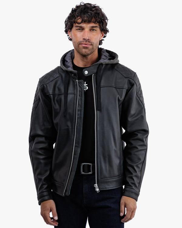 Man wearing a black leather jacket with a hood on a white background