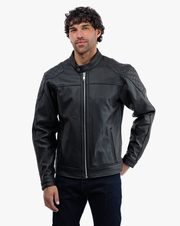 Man wearing a black leather jacket on a white background