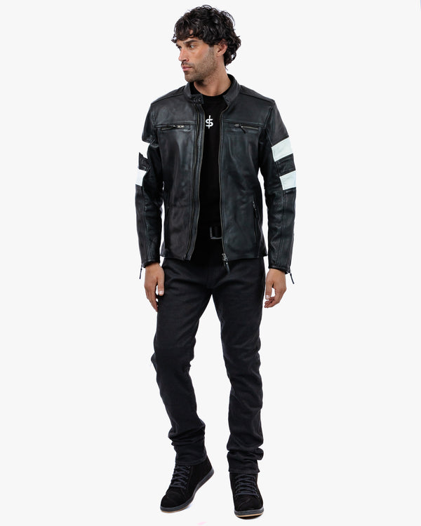 Hanzo Black & Ivory Leather Motorcycle Jacket