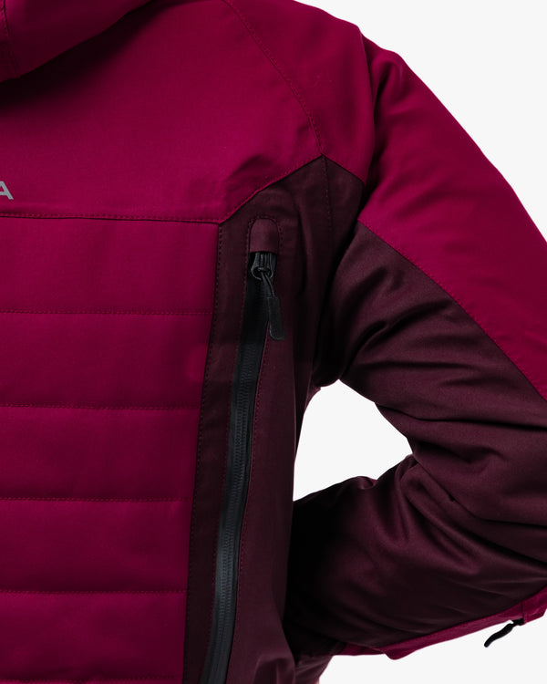 close up of ladies motorcycle jacket in red and maroon