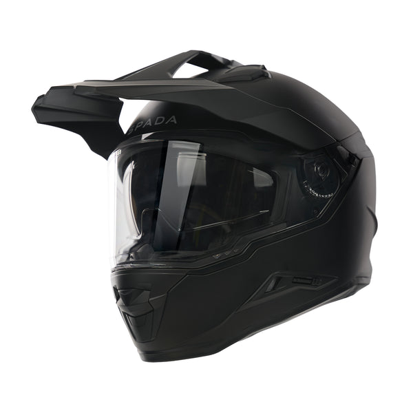 matt black motorbike helmet with clear visor and integrated sun visor