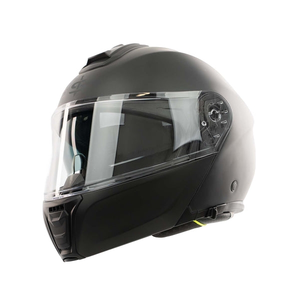 matt black motorbike helmet with clear visor and integrated sun visor