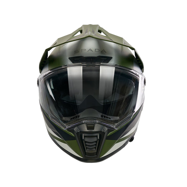 front facing black and dark green motorbike helmet with peak