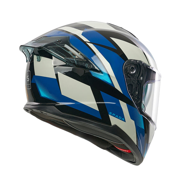 Motorcycle helmet with blue and white design on a white background
