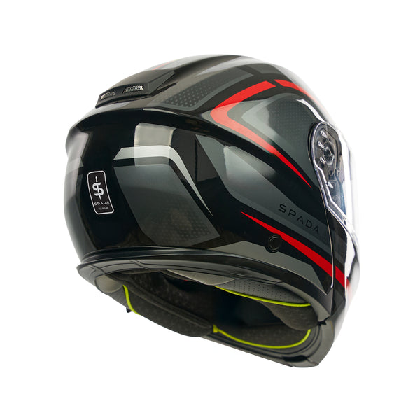 Black motorcycle helmet with red accents on a white background