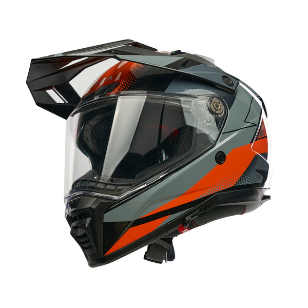 black and orange design motorbike helmet with clear visor and integrated sun visor