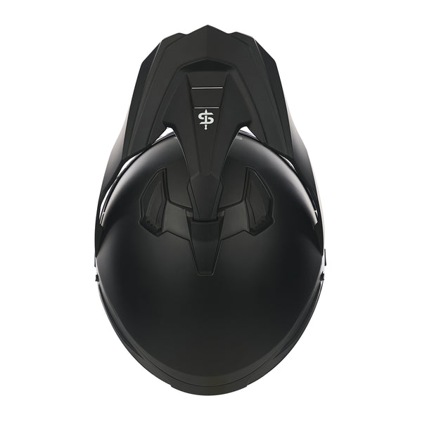 top of matt black off road helmet with peak