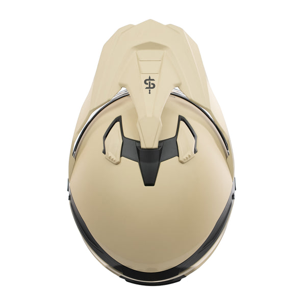 Beige off road helmet with black accents on a white background