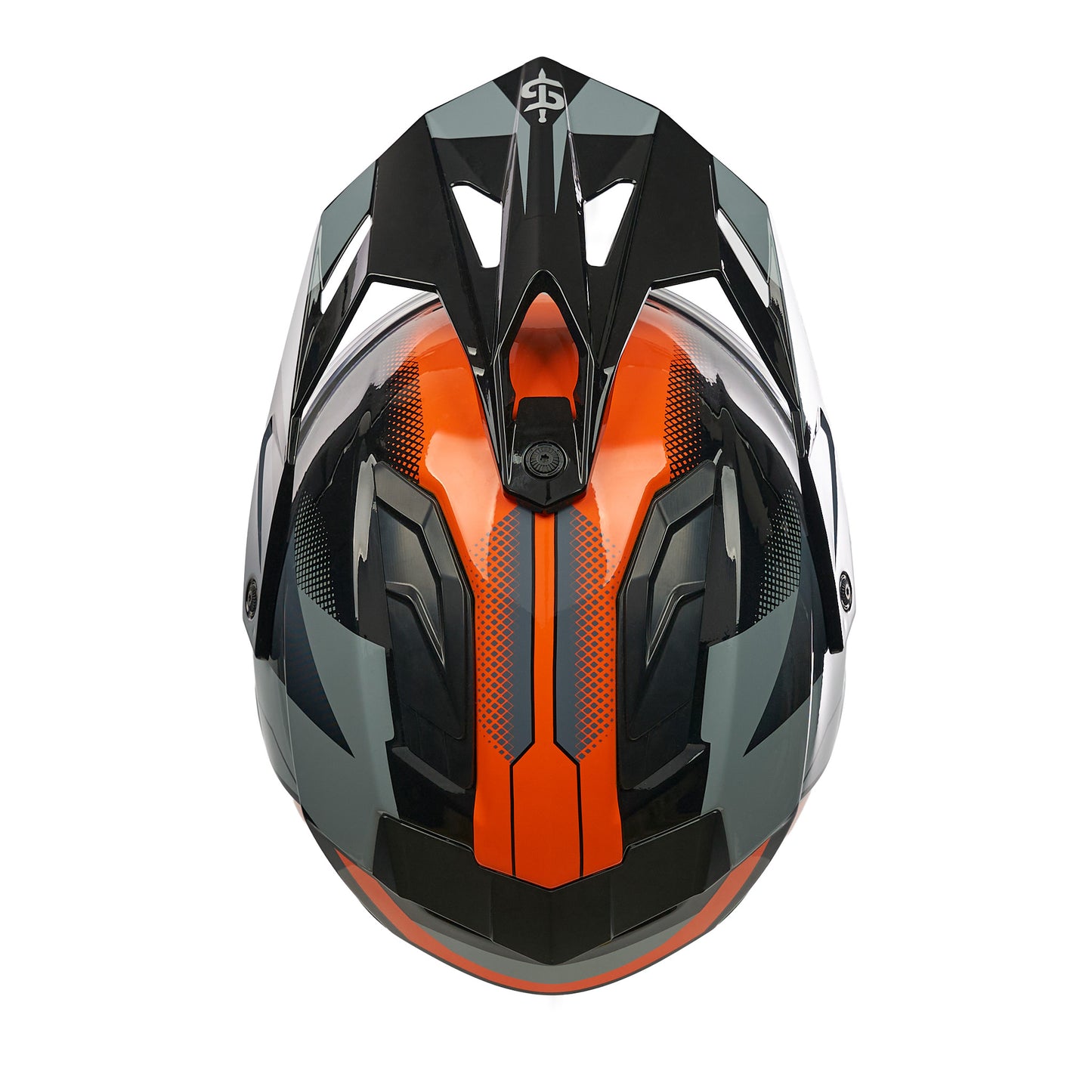 top of black and orange motorcycle helmet with black peak and vents