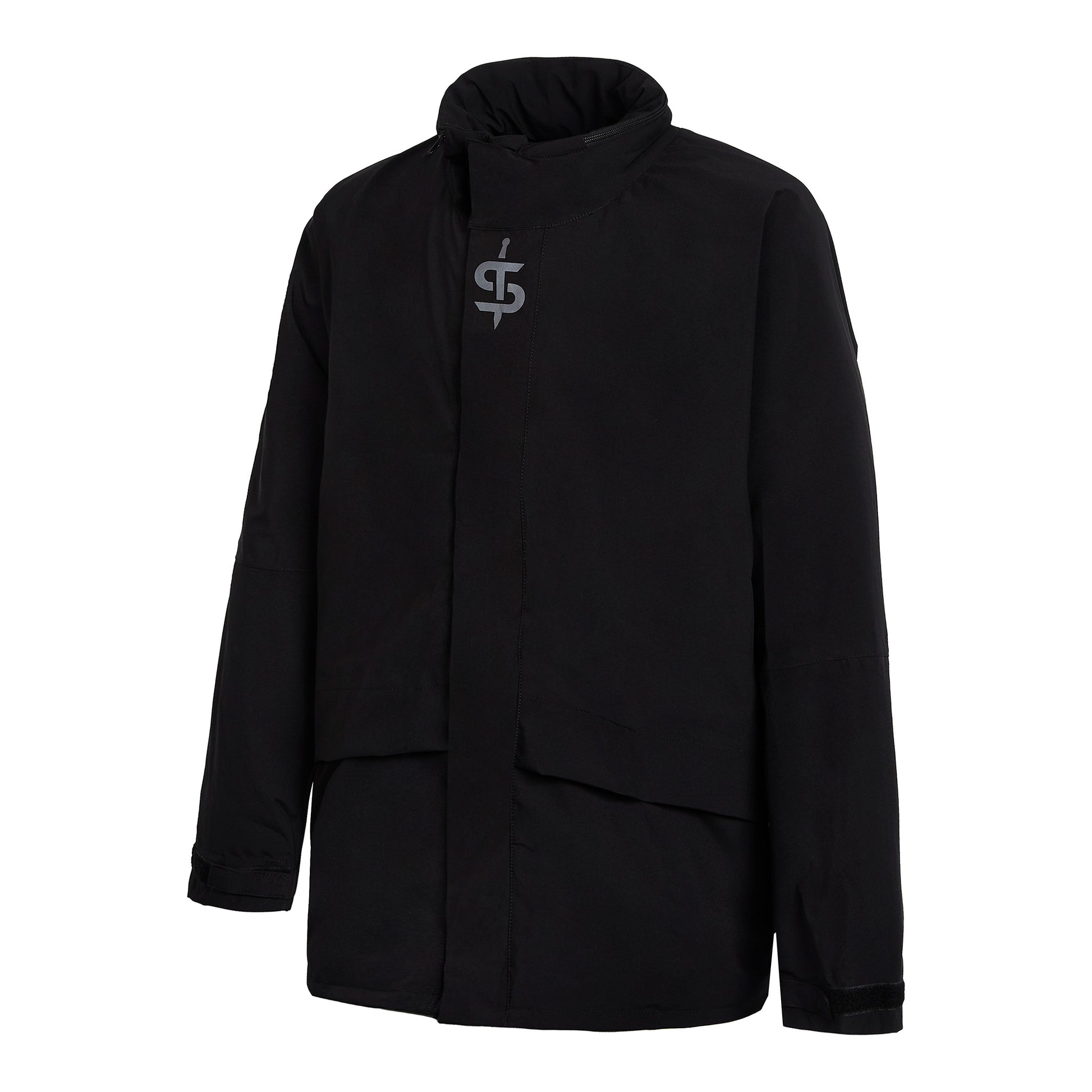 Side view of spada Acqua Shield black biker jacket showing streamlined waterproof design with removable belt