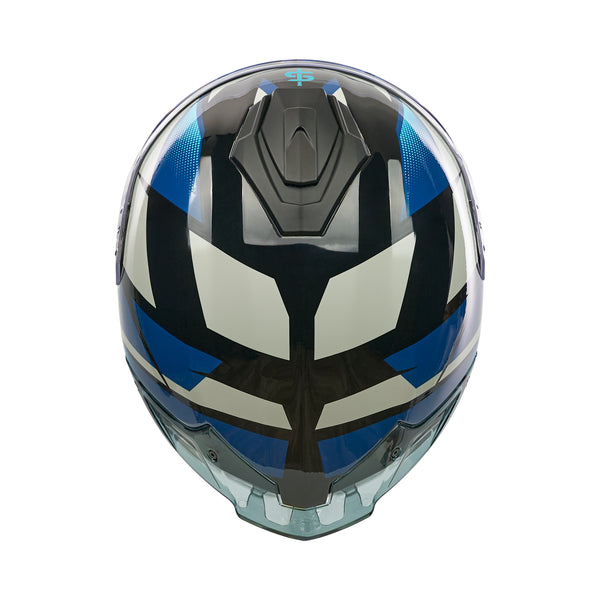 top of black and blue helmet with black vents