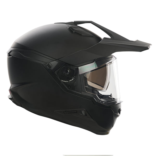 side of matt black motorbike helmet iwth peak and clear visor