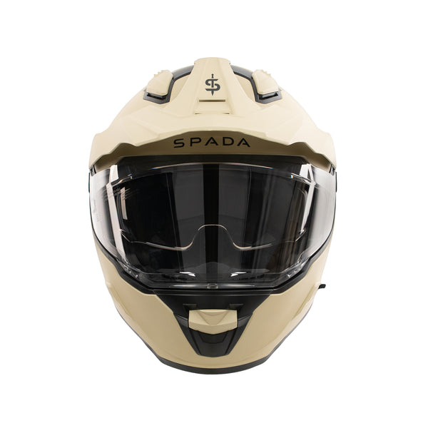 Beige motorcycle helmet with clear visor on a white background