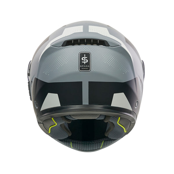 back of black and grey helmet with black spada logo on the back