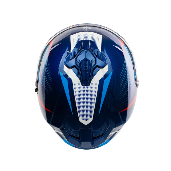 top of two tone blue helmet with blue vents for airflow