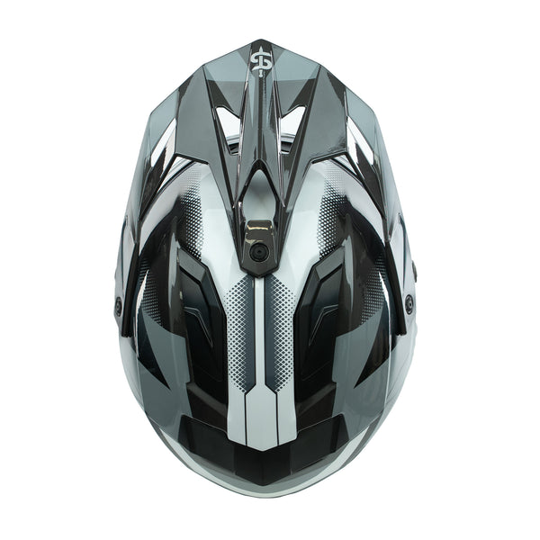 top of black and grey motorbike helmet iwth black vents and peak