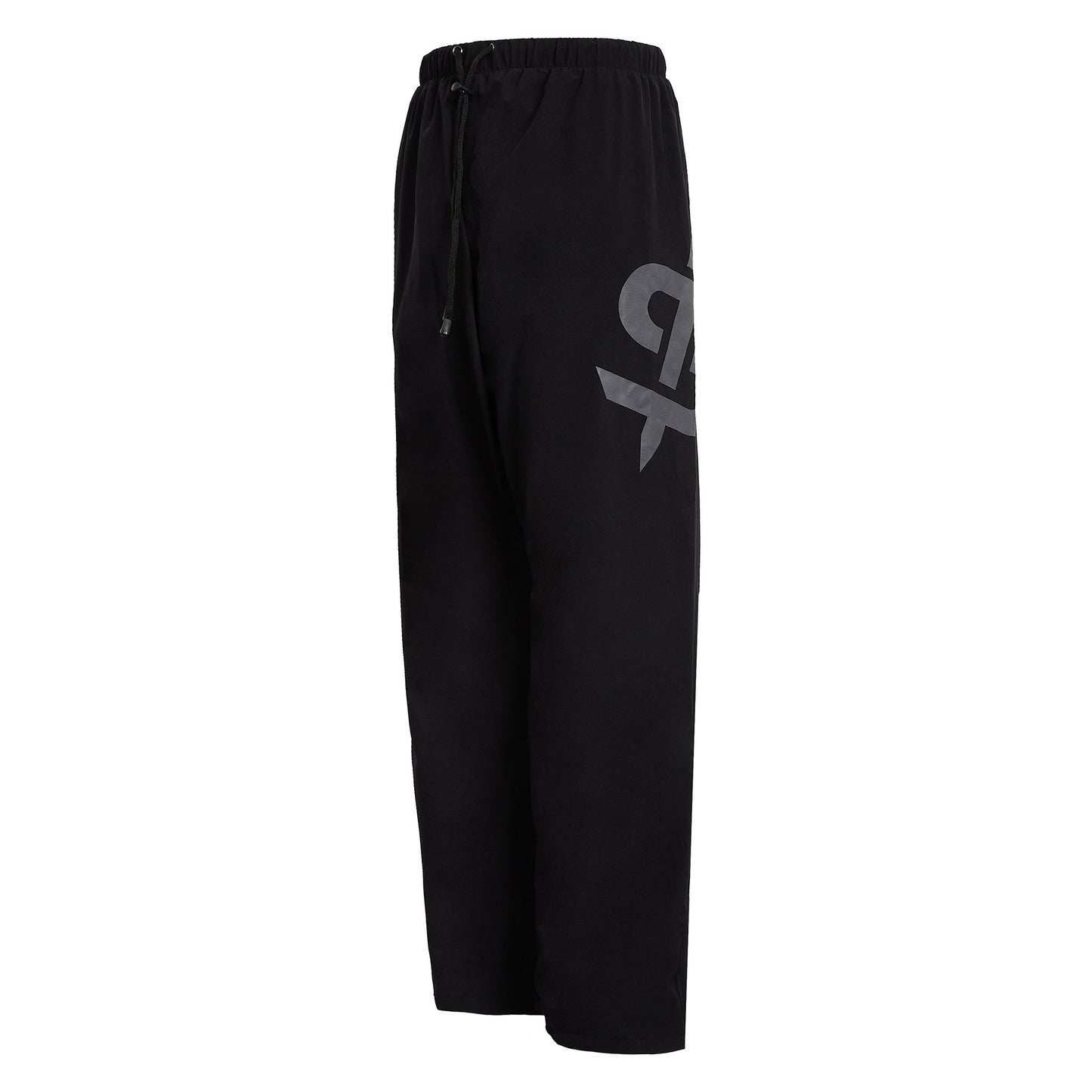 side view of black waterproof trousers with spada logo on the side