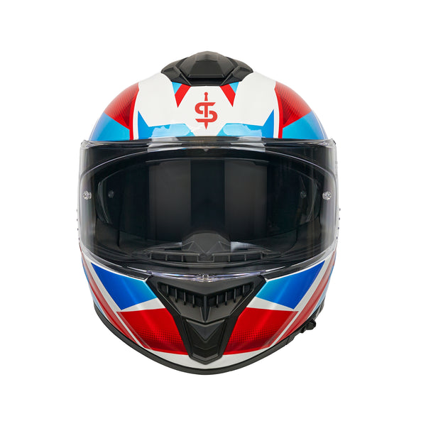 Motorcycle helmet with a Union Jack design on a white background