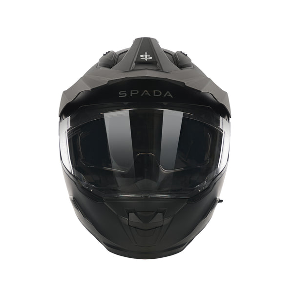 front facing black biker helmet with clear visor and sun visor