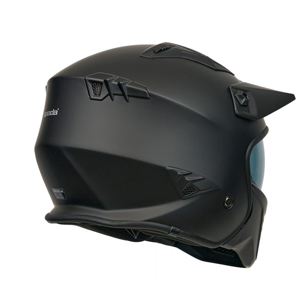 Black motorcycle helmet with visor on a white background