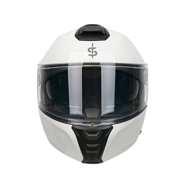 front facing white glossy motorbike helmet with black spada logo