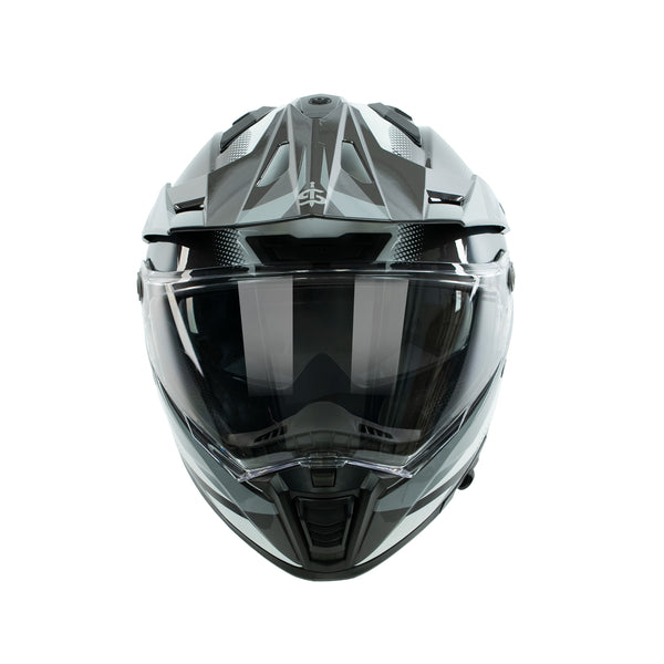 front facing off road motorbike helmet with clear visor and peak with spada branding