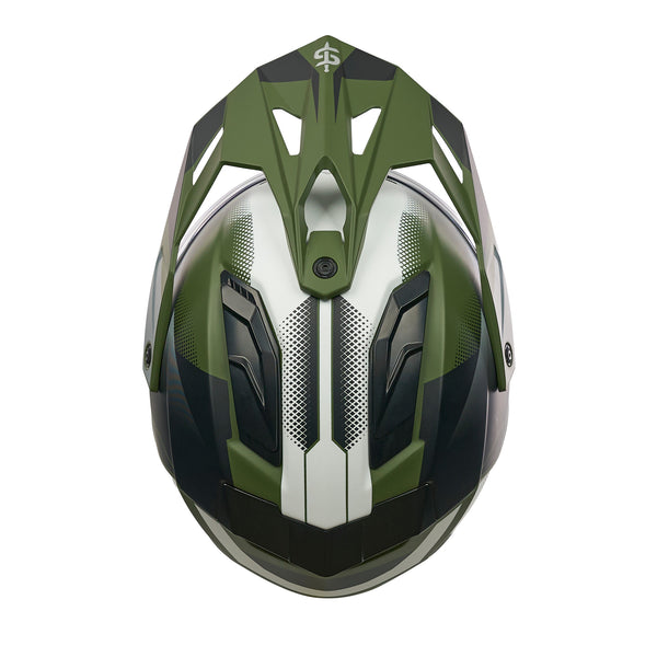 top of black white and green helmet with peak and black vents