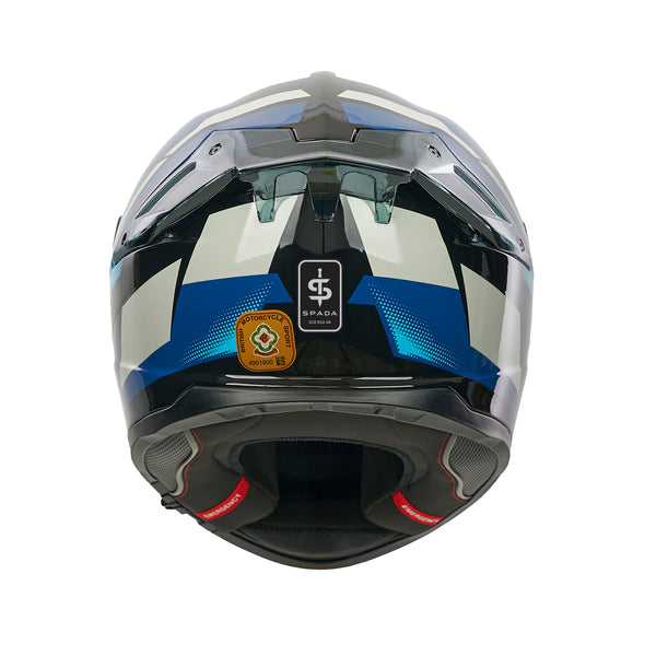 back of black and blue motorbike helmet with spada logo and acu gold sticker