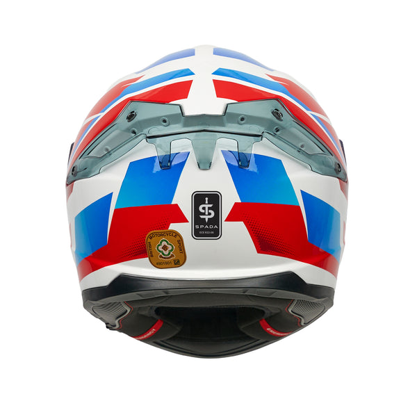 back of red white and blue helmet with spada logo and acu gold sticker on the back