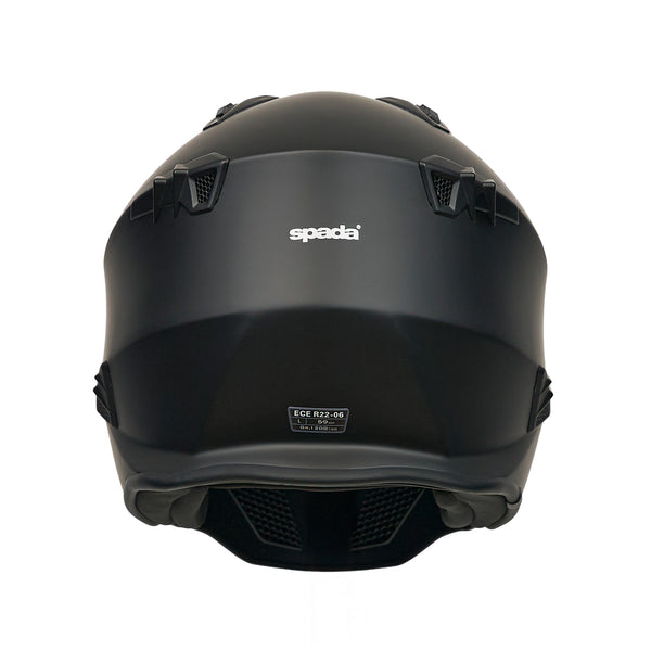 back of black motorcycle helemt with spada logo on the back