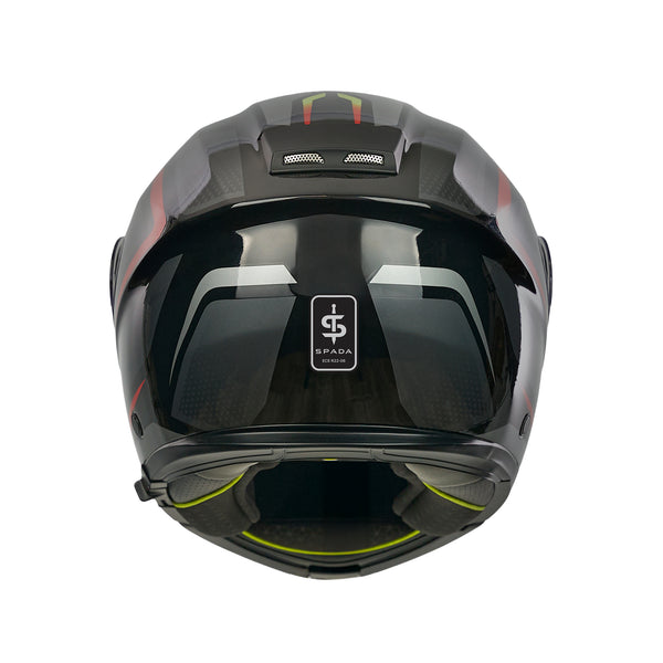 back of black yellow and red helmet with black spada logo on the back