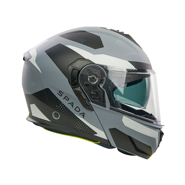 Gray and black motorcycle helmet with clear visor on a white background
