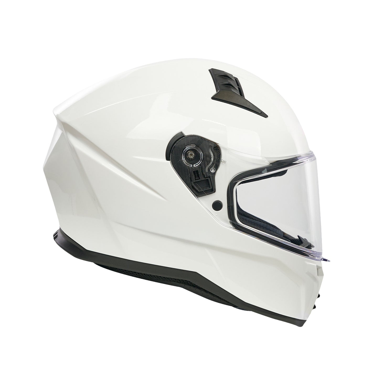 White motorcycle helmet with clear visor on a white background