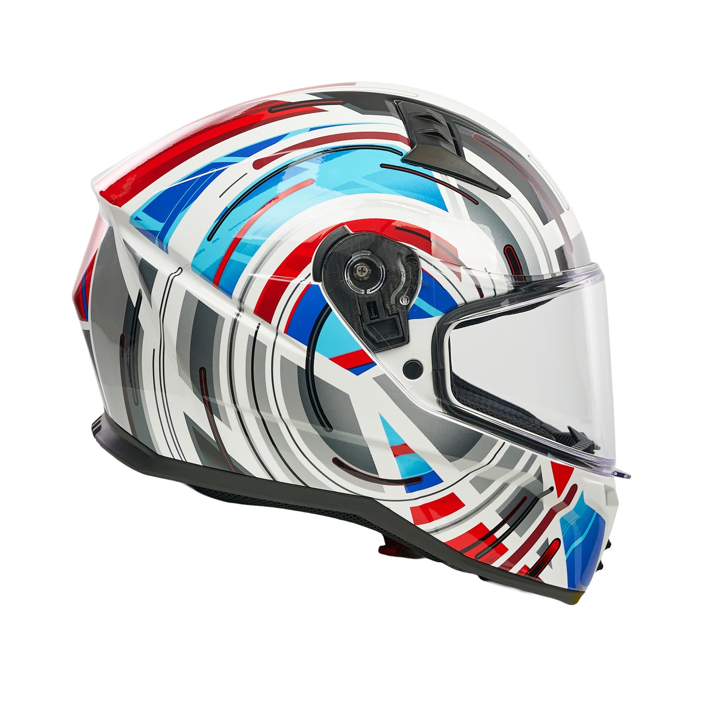 red blue and white geometric design motorbike helmet