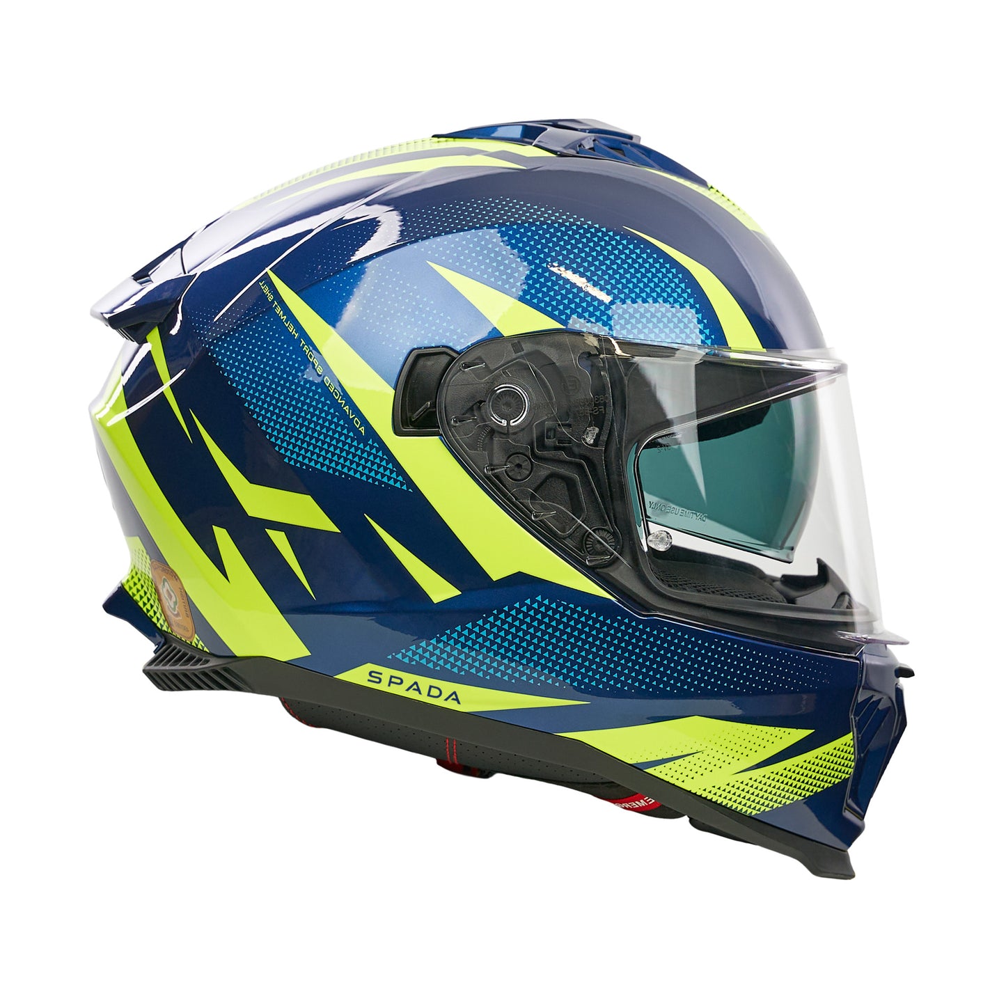 Blue and green motorcycle helmet with clear visor on a white background