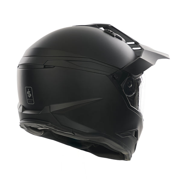 back of matt black motorbike helmet