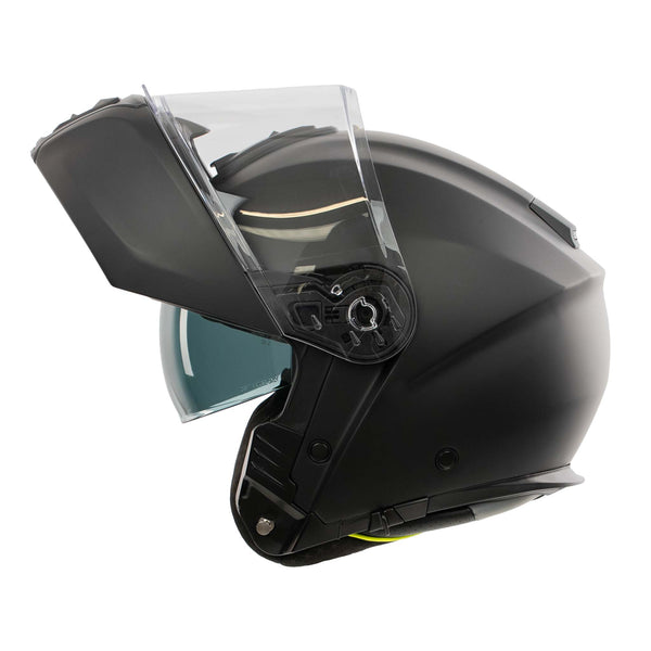 matt black flipped up motorbike helmet with clear visor