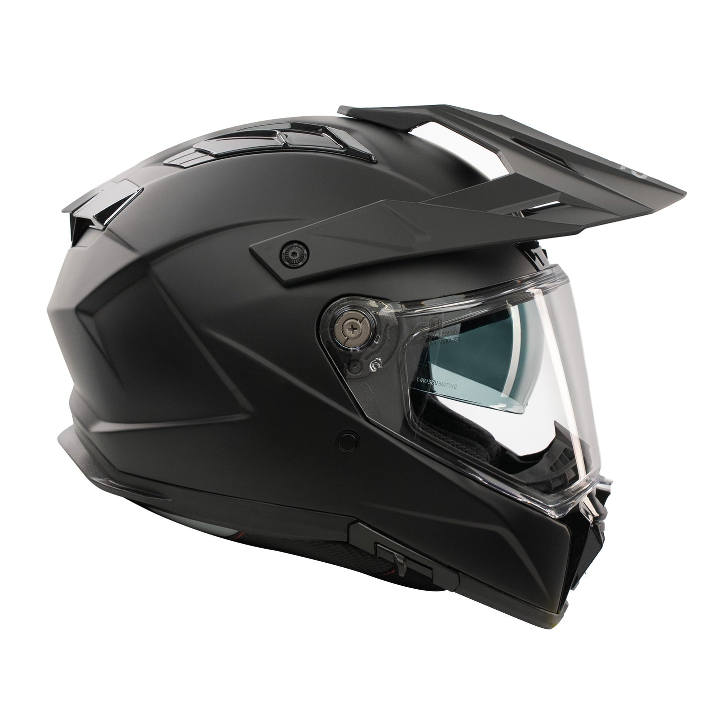 Black off-road helmet with visor on a white background