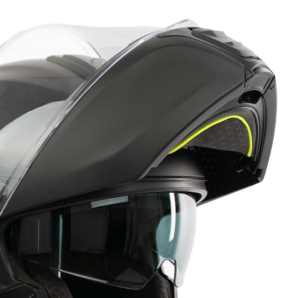 Close-up of a black motorcycle helmet with a clear visor on a white background
