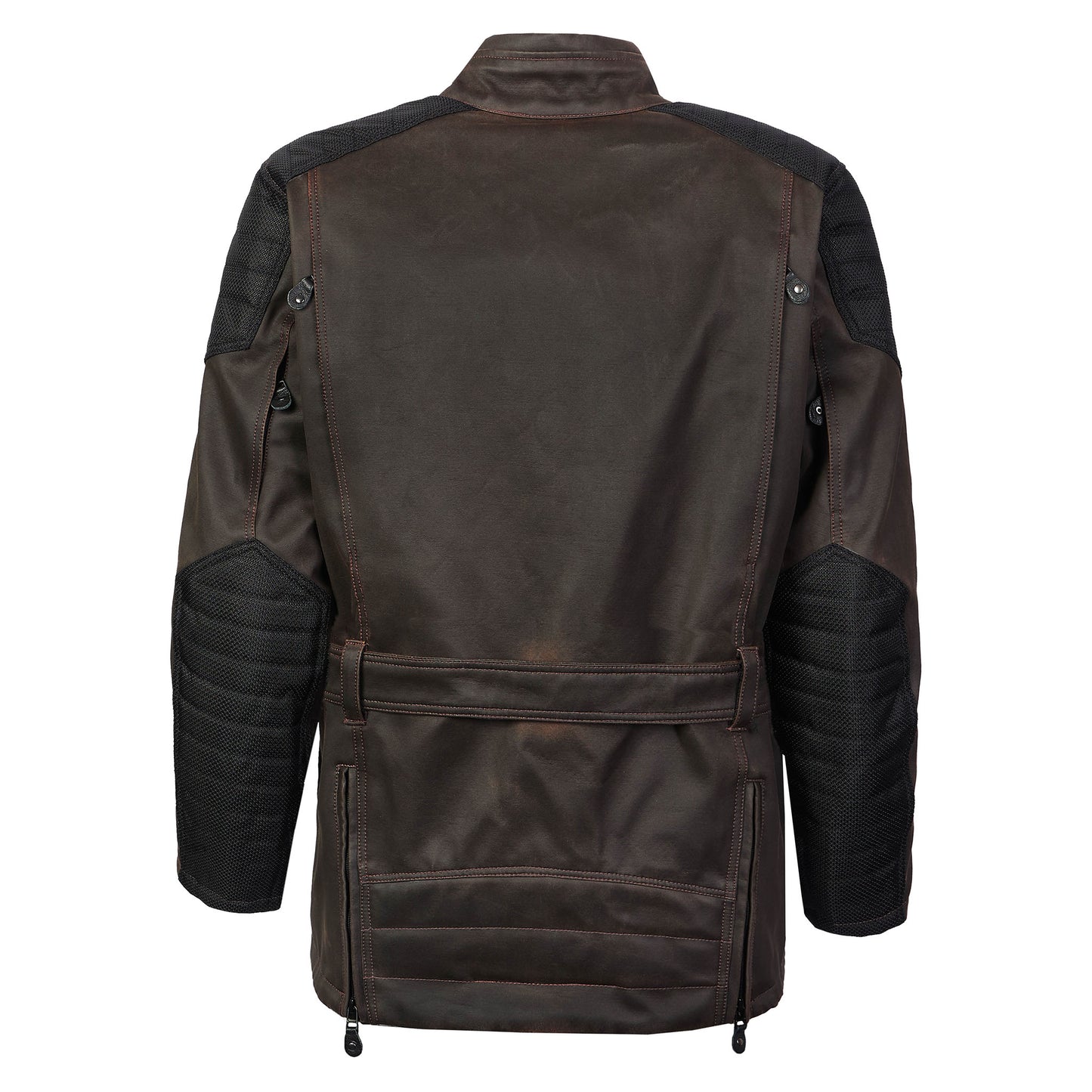 Rear view of Crossguard waterproof motorcycle jacket featuring padded lumbar protection and back ventilation vents