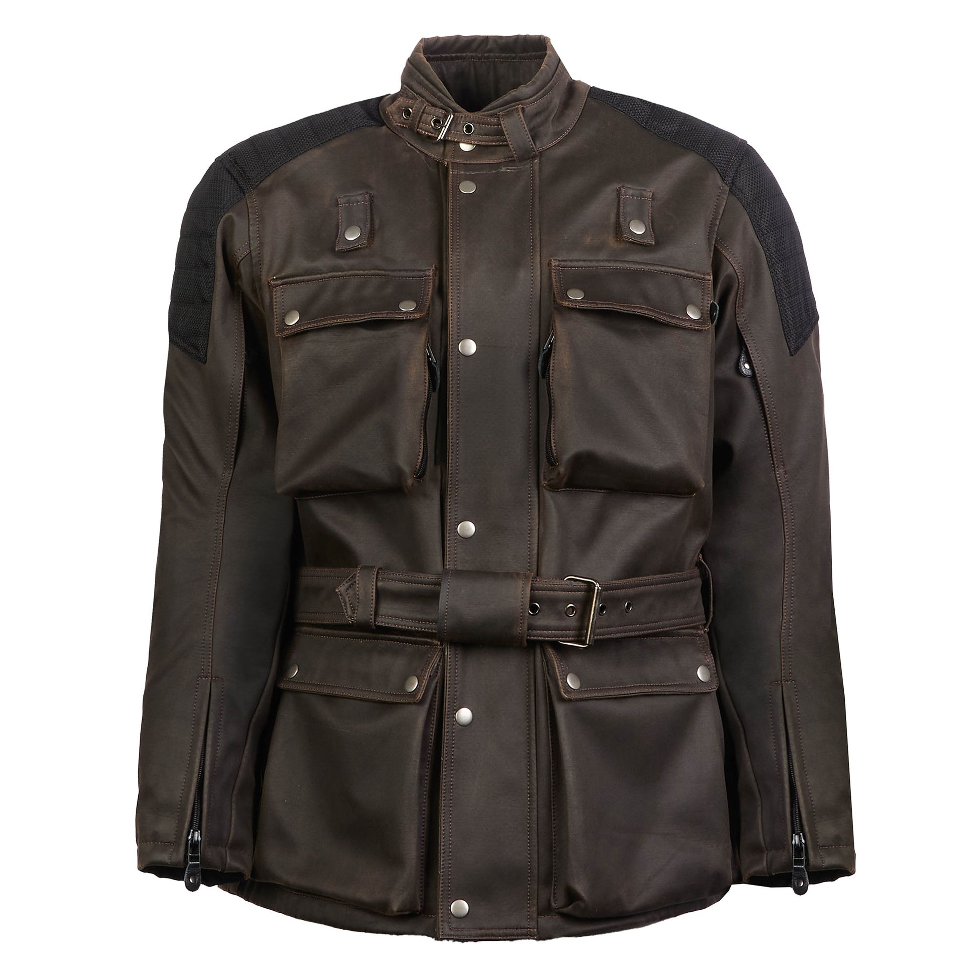 Front view of Crossguard Walnut Brown waterproof motorcycle jacket for men with CE Level AA armour and waterproof membrane