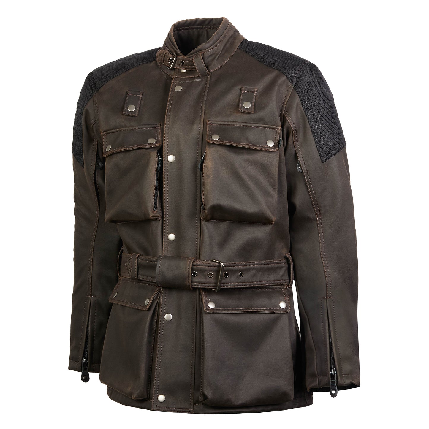 Side view of men's Crossguard brown motorbike jacket showing adjustable waist belt and vented sleeves