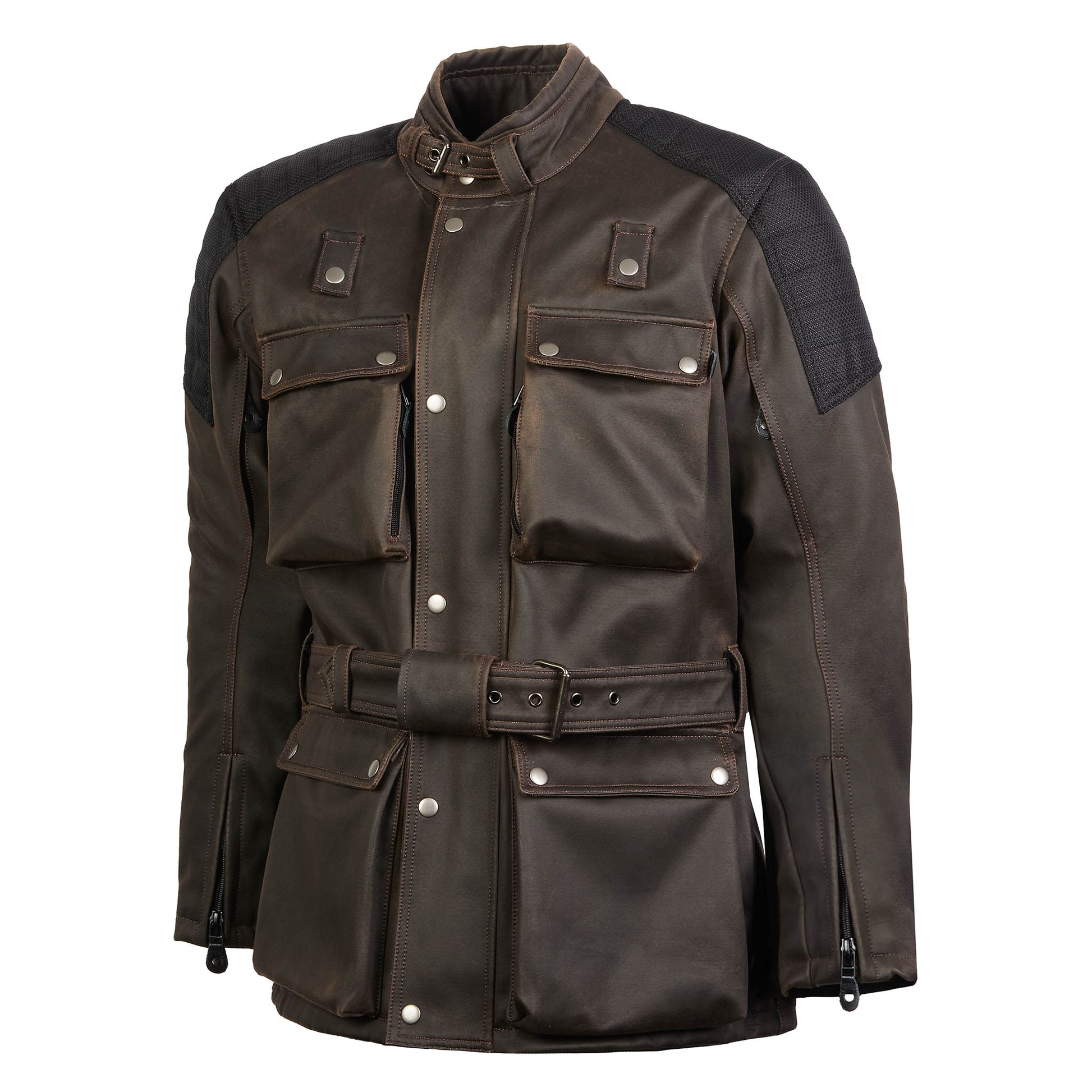 Side view of men's Crossguard brown motorbike jacket showing adjustable waist belt and vented sleeves