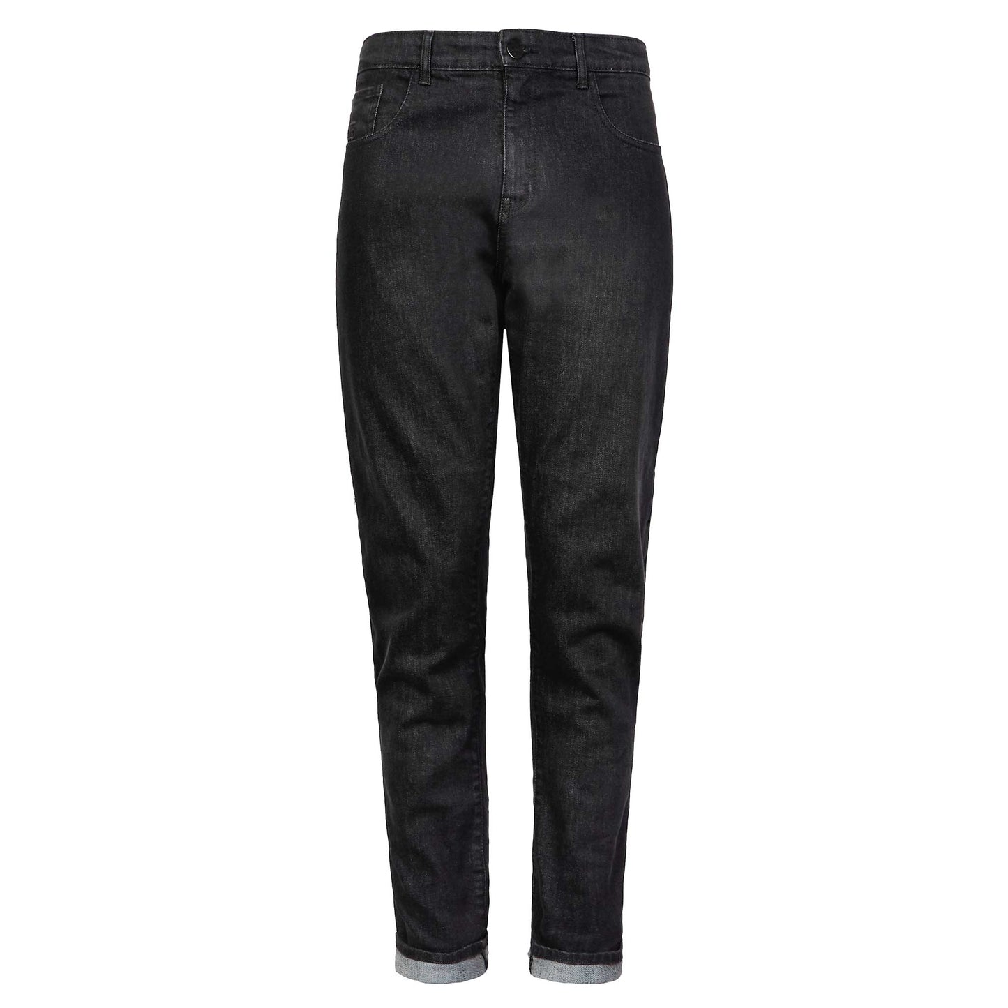 Men’s black washed motorcycle jeans with slim fit, featuring CE-approved knee and hip armour for protection and casual off-bike style.